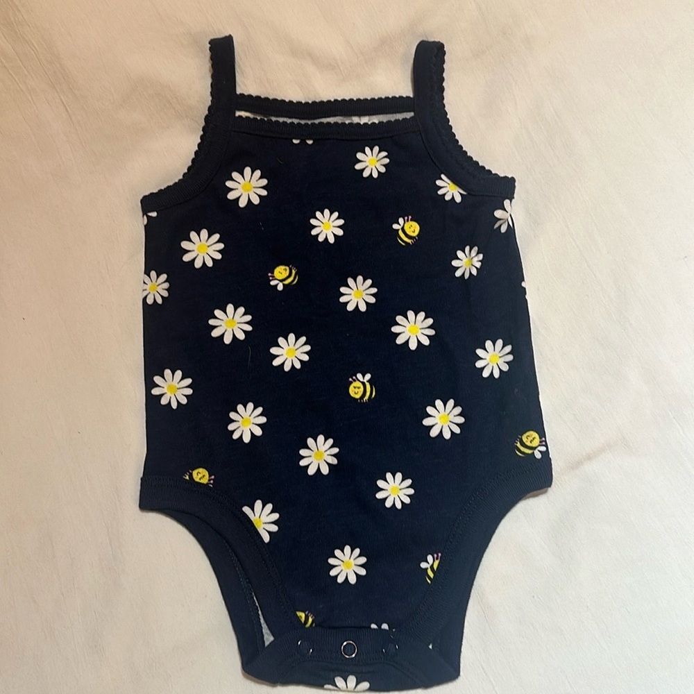 Baby girls onesie dark blue flowers bee’s
